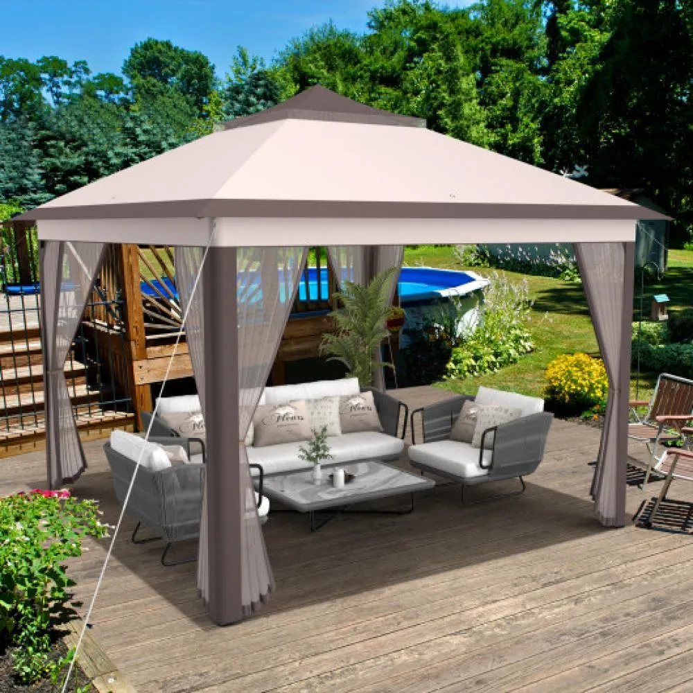 11 x 11 Feet 2-Tier Pop-Up Gazebo Tent Portable Canopy Shelter Carry Bag Mesh-Brown