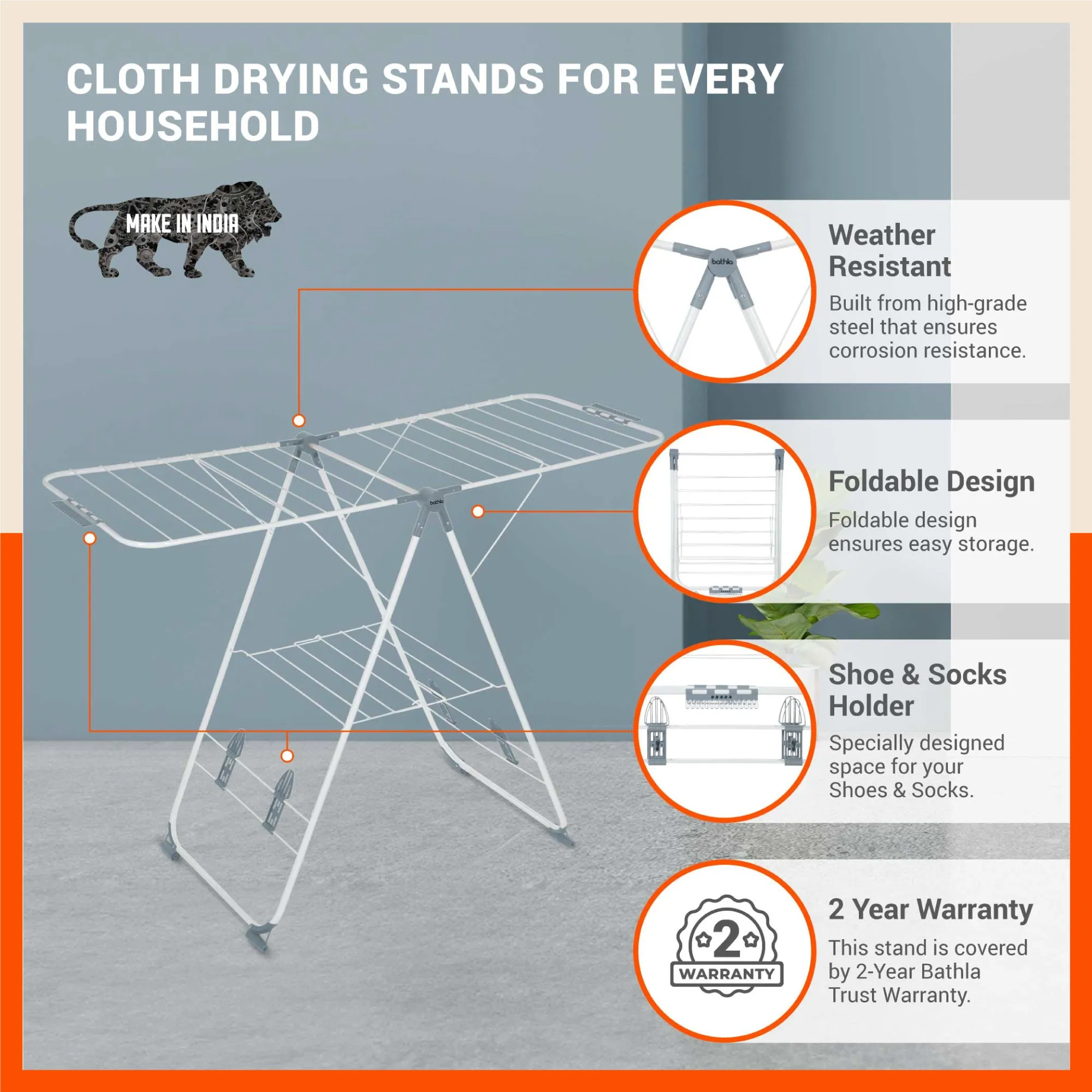 Bathla Mobidry Neo - Foldable Cloth Drying Stand For Home (Grey)
