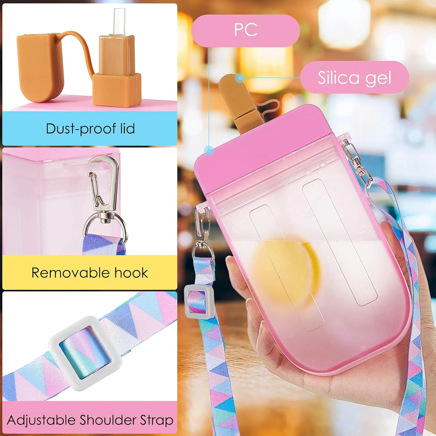 Cunhill 4 Pieces Cute Ice Cream Water Bottles with Strap Kawaii Drinking Purse Ice Bar Transparent Jug Cup for Camping Sports Shopping Kids