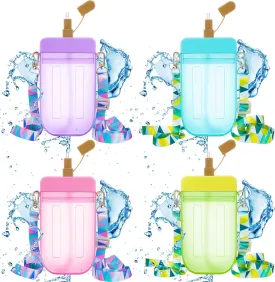 Cunhill 4 Pieces Cute Ice Cream Water Bottles with Strap Kawaii Drinking Purse Ice Bar Transparent Jug Cup for Camping Sports Shopping Kids