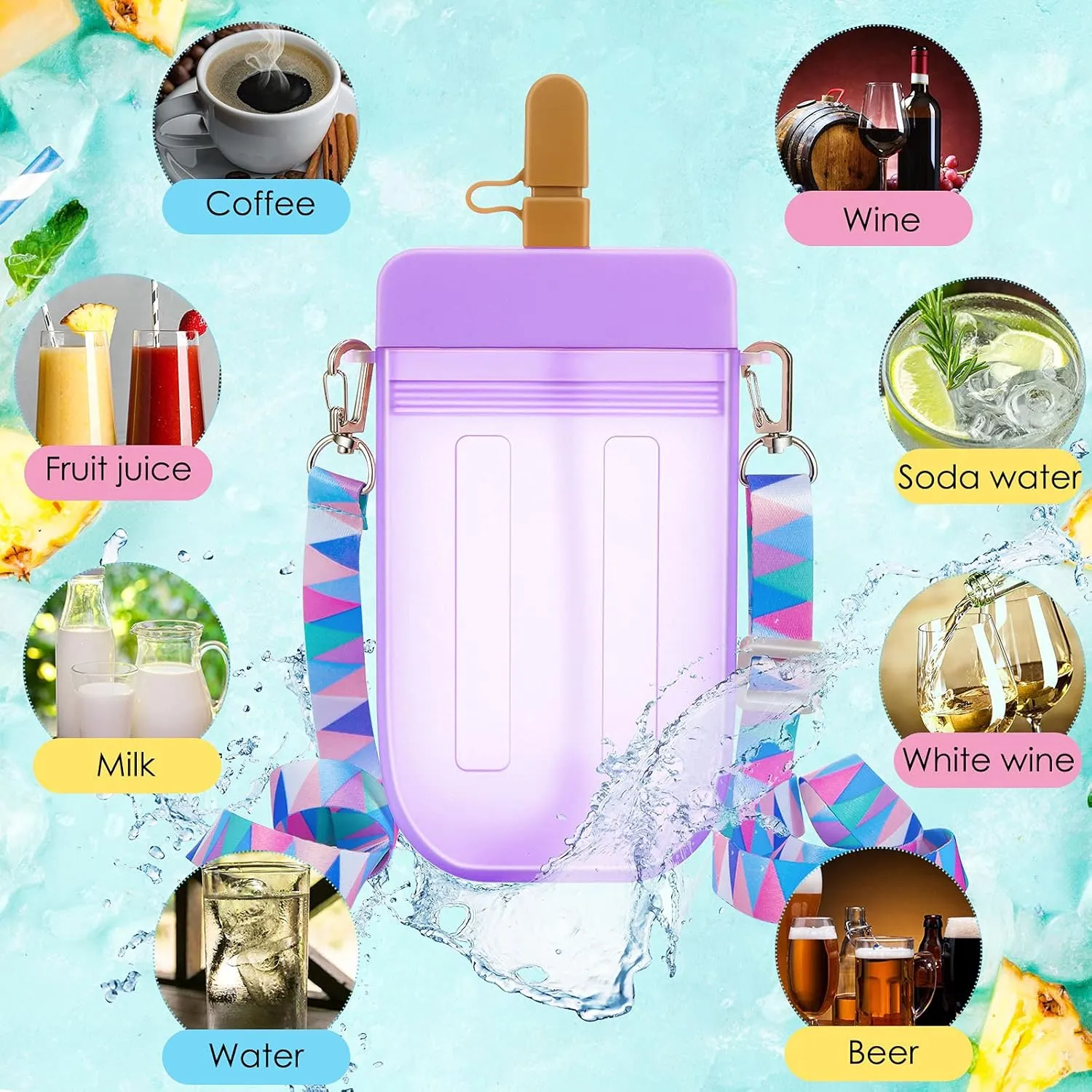 Cunhill 4 Pieces Cute Ice Cream Water Bottles with Strap Kawaii Drinking Purse Ice Bar Transparent Jug Cup for Camping Sports Shopping Kids