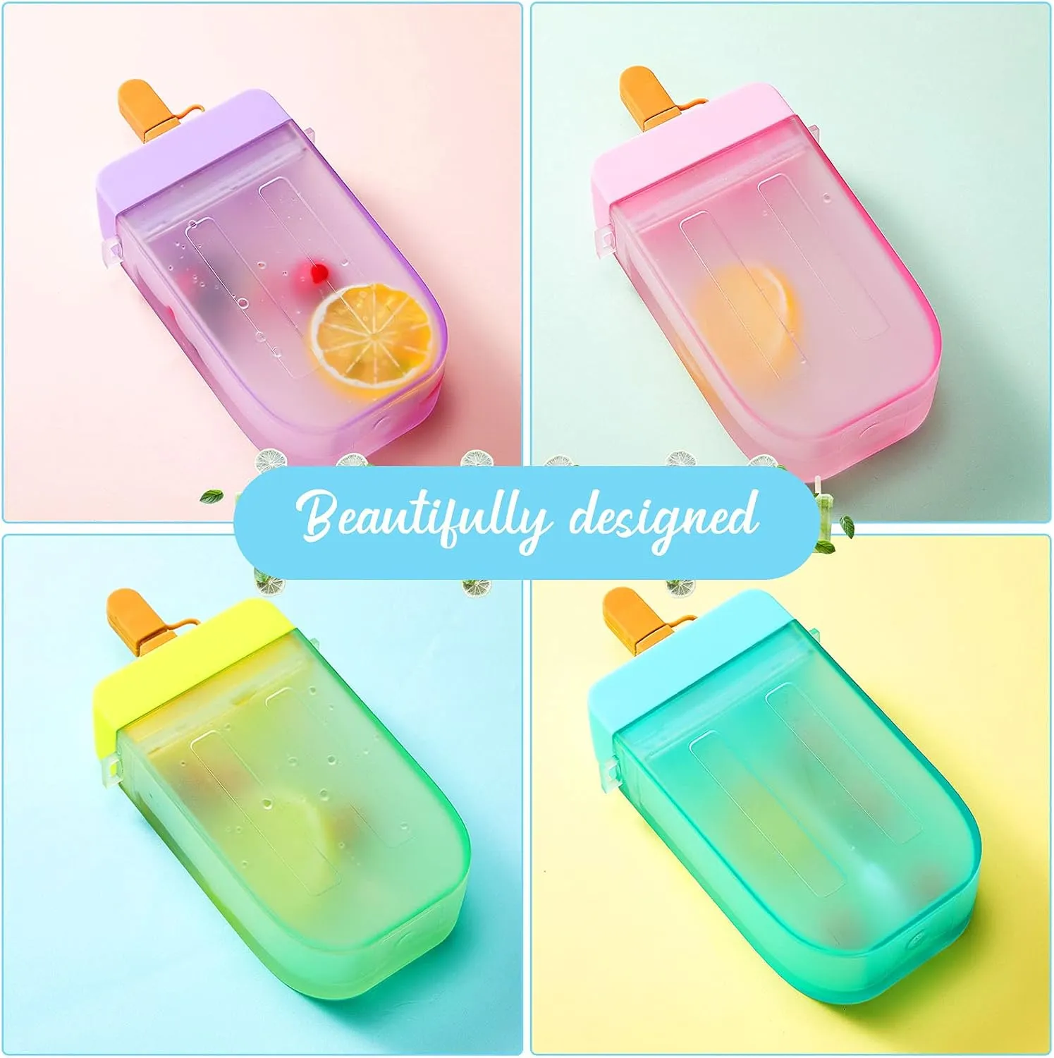 Cunhill 4 Pieces Cute Ice Cream Water Bottles with Strap Kawaii Drinking Purse Ice Bar Transparent Jug Cup for Camping Sports Shopping Kids