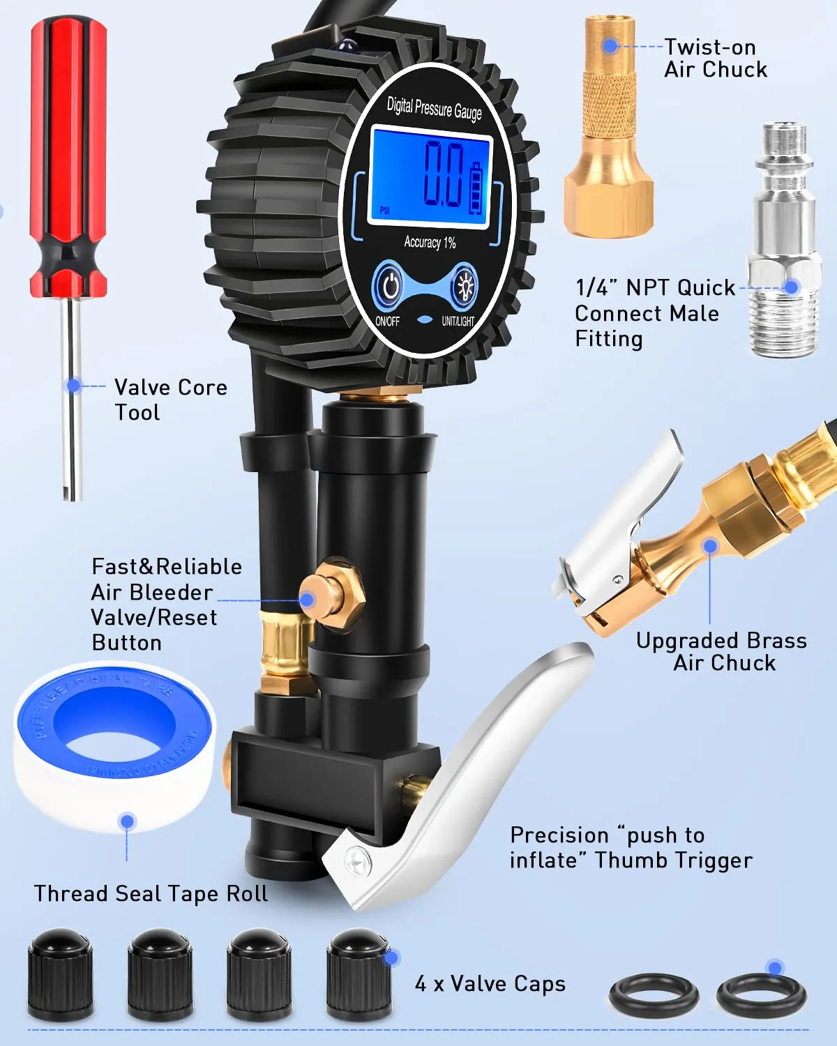 Digital Tire Inflator Pressure Gauge 250PSI Rubber Hose Quick Connect Coupler