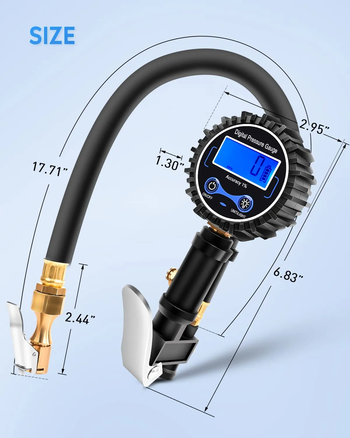 Digital Tire Inflator Pressure Gauge 250PSI Rubber Hose Quick Connect Coupler