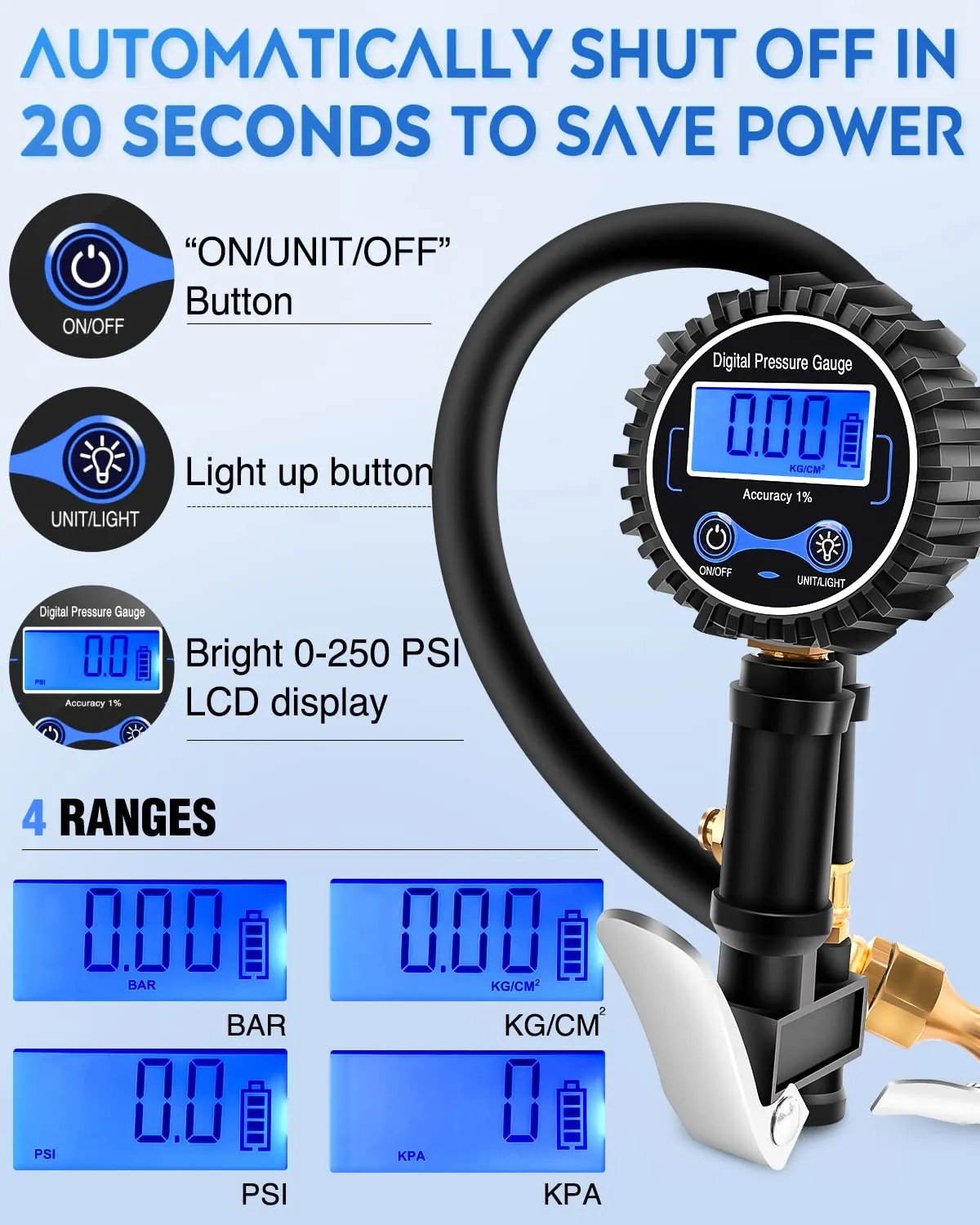 Digital Tire Inflator Pressure Gauge 250PSI Rubber Hose Quick Connect Coupler