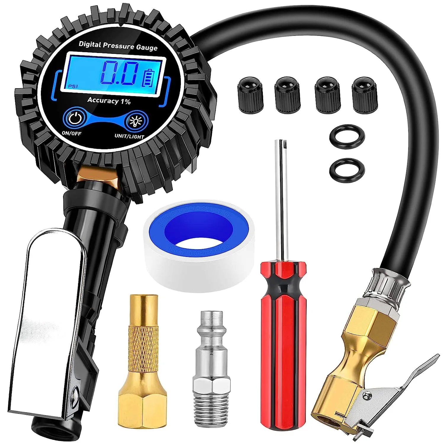 Digital Tire Inflator Pressure Gauge 250PSI Rubber Hose Quick Connect Coupler