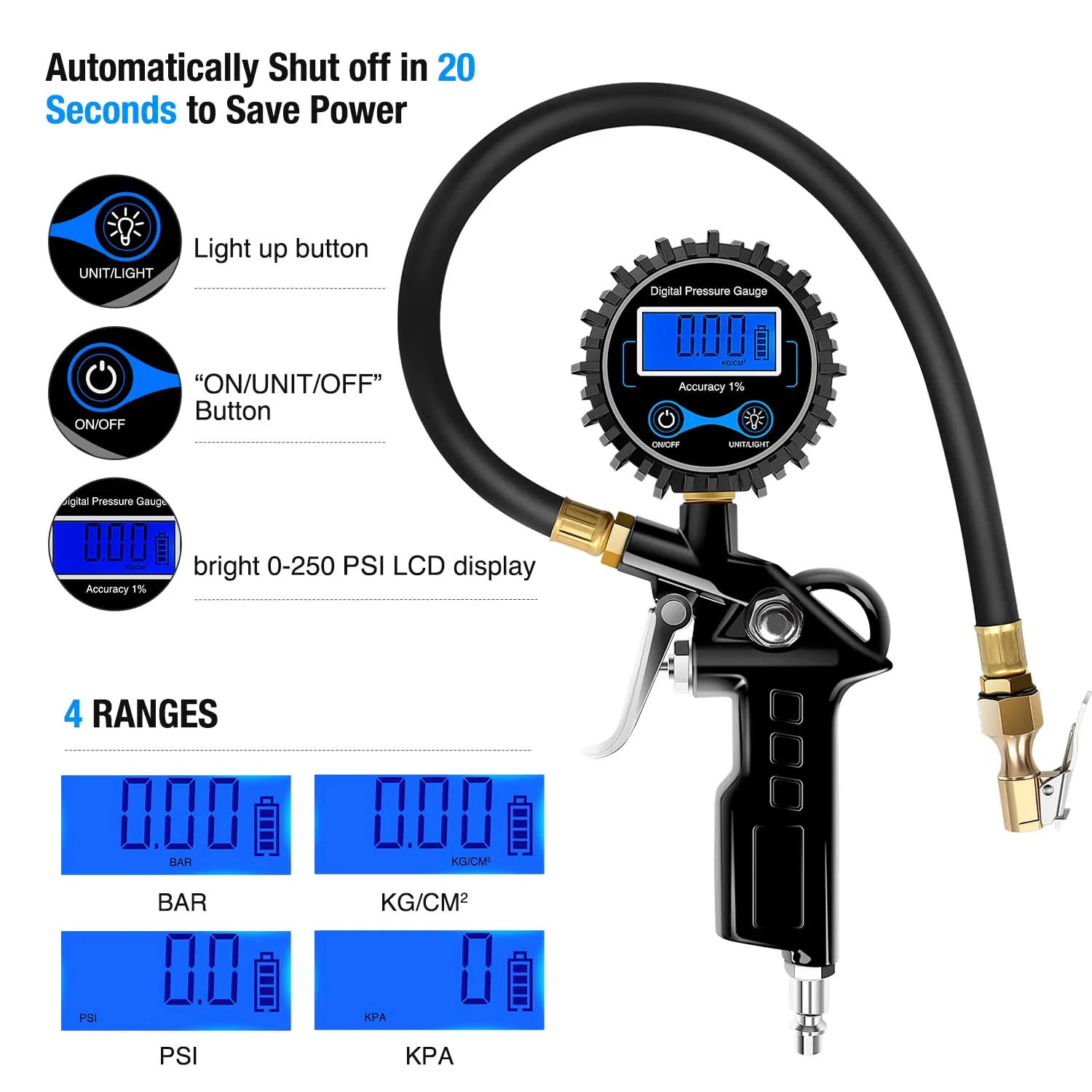 Digital Tire Inflator Pressure Gauge 250PSI