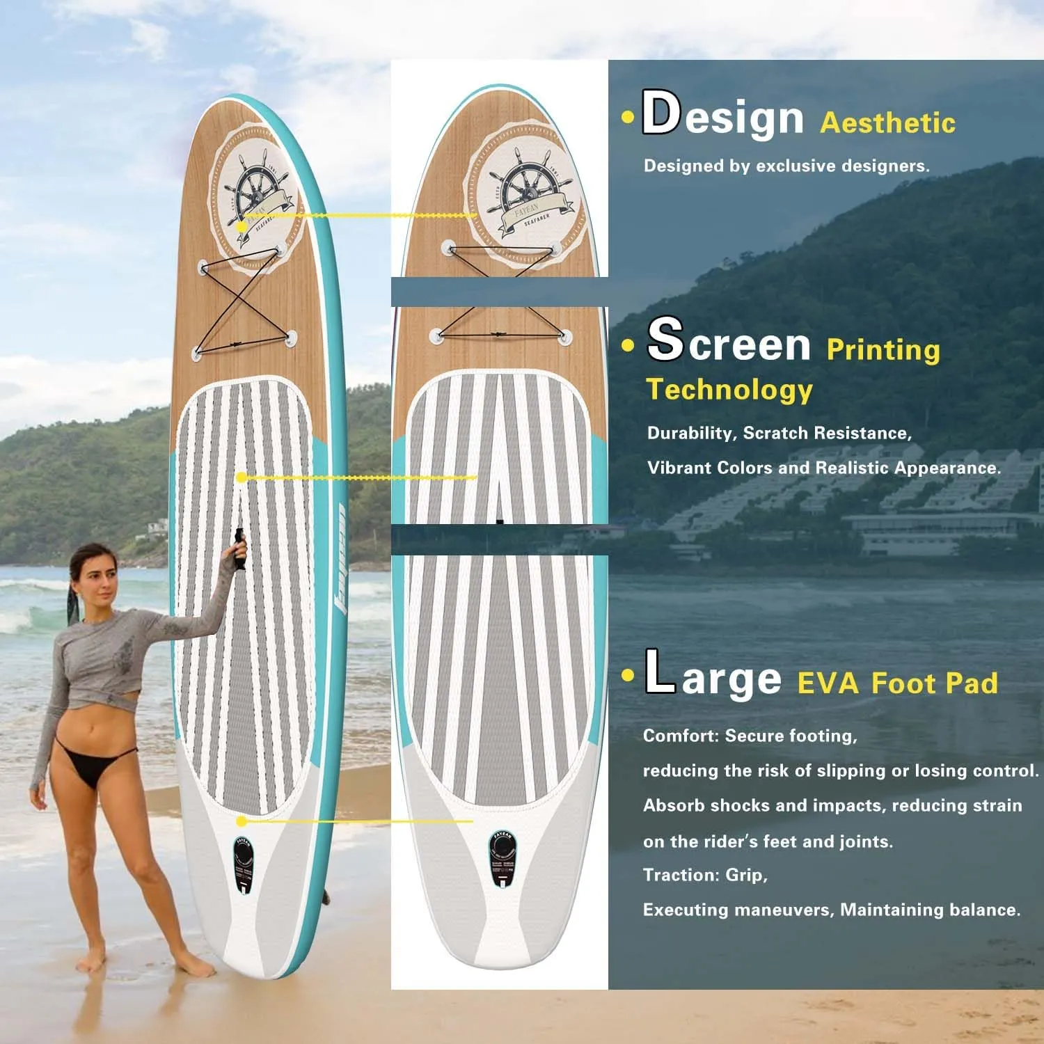 Inflatable Stand Up Paddle Board Non-Slip Deck, 11336 Complete SUP Accessories for All Skill Levels, Wide Seat & Safety Leash, 3 Fins, Adjustable Paddle, Pump & Carrying Backpack