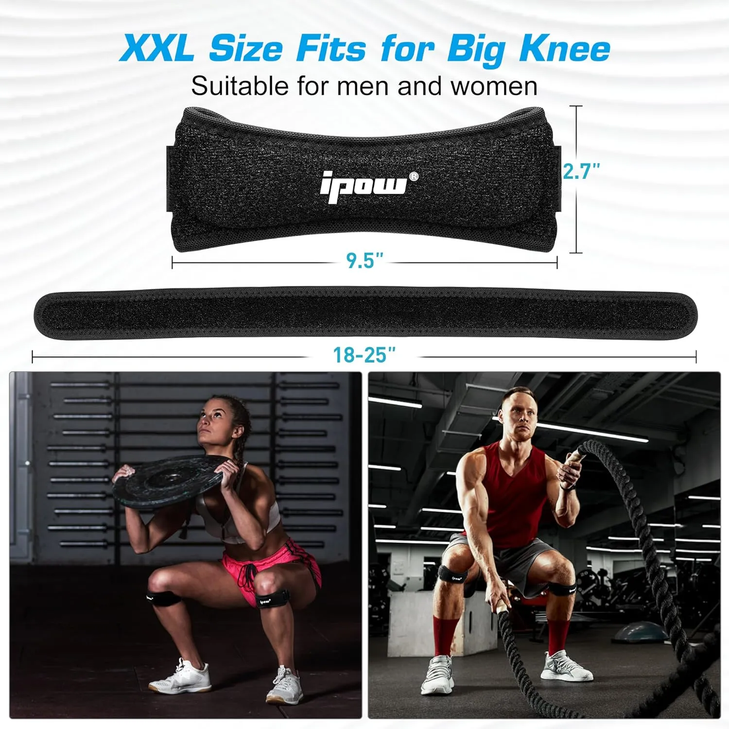 IPOW 2 Pack XXL Plus Size Knee Pain Relief & Patella Stabilizer Knee Strap Brace Support for Hiking, Soccer, Basketball, Running, Jumpers Knee, Tennis, Tendonitis, Volleyball & Squats, Black