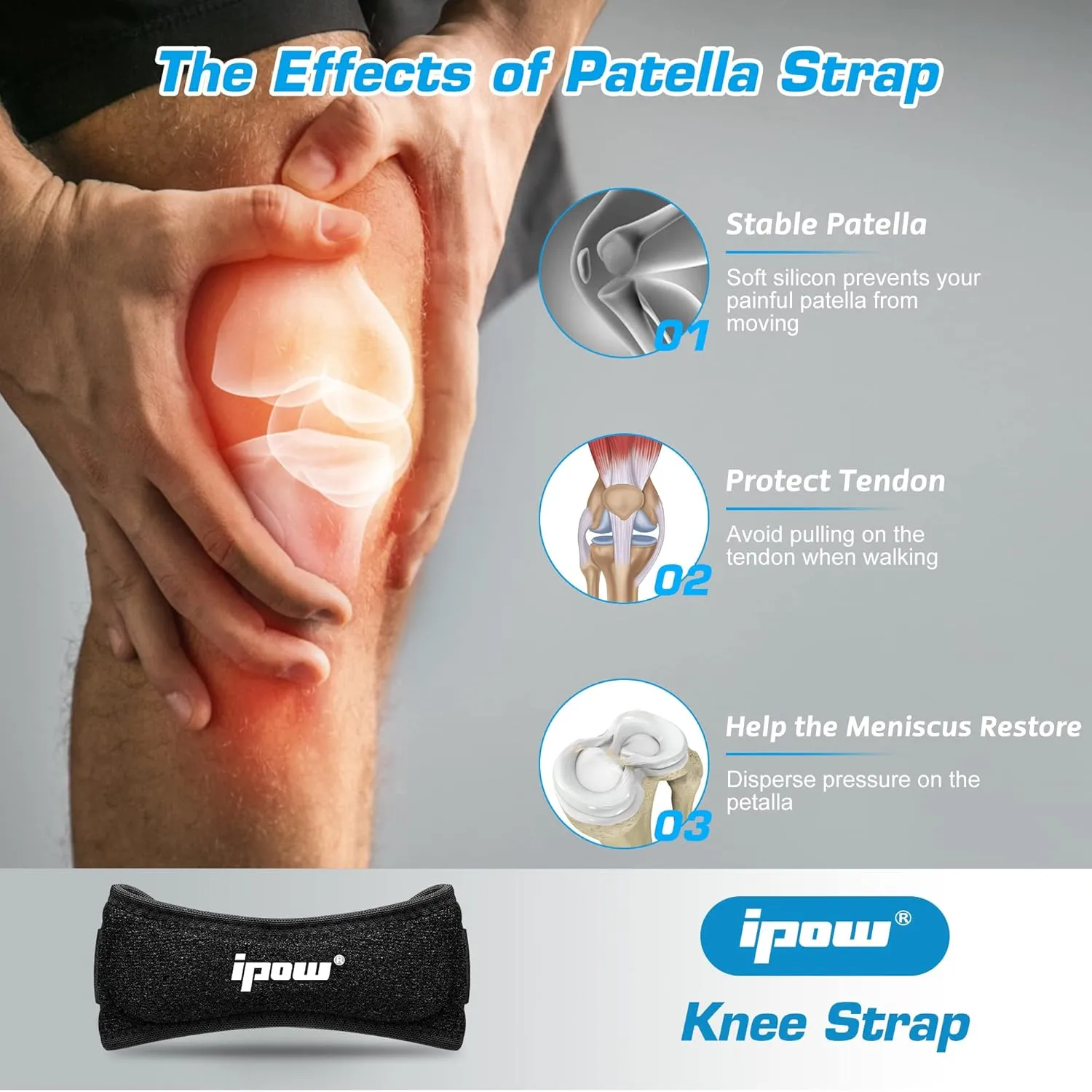 IPOW 2 Pack XXL Plus Size Knee Pain Relief & Patella Stabilizer Knee Strap Brace Support for Hiking, Soccer, Basketball, Running, Jumpers Knee, Tennis, Tendonitis, Volleyball & Squats, Black