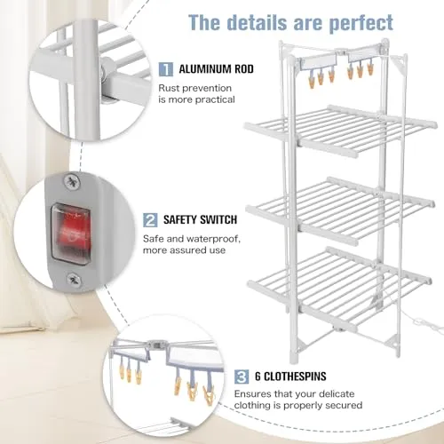 kitchelat Heated Clothes Airer, 3-Tier clothes airer with 6 Pegs