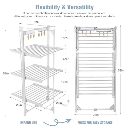 kitchelat Heated Clothes Airer, 3-Tier clothes airer with 6 Pegs