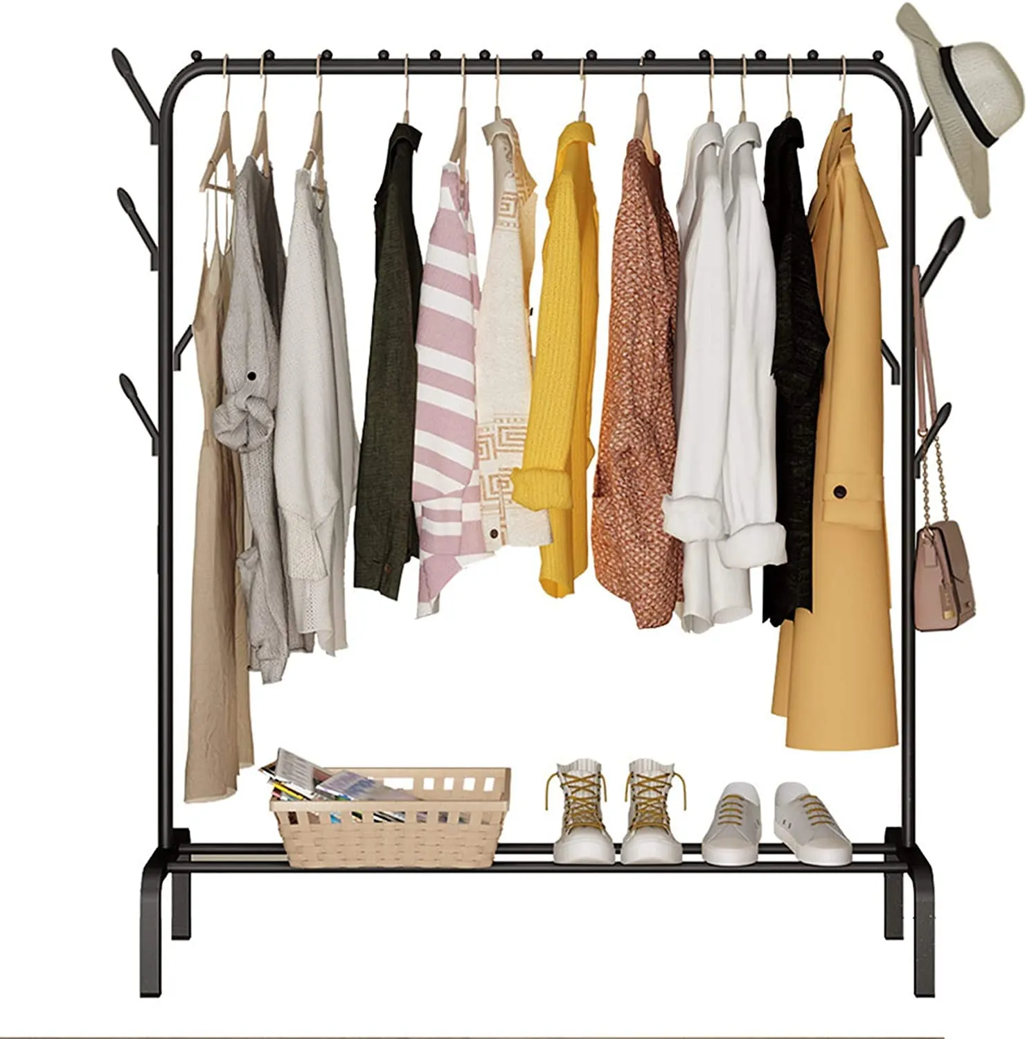 KriShyam® Freestanding Hanging Metal Clothes Rack with Storage Shelf and Side Hooks White