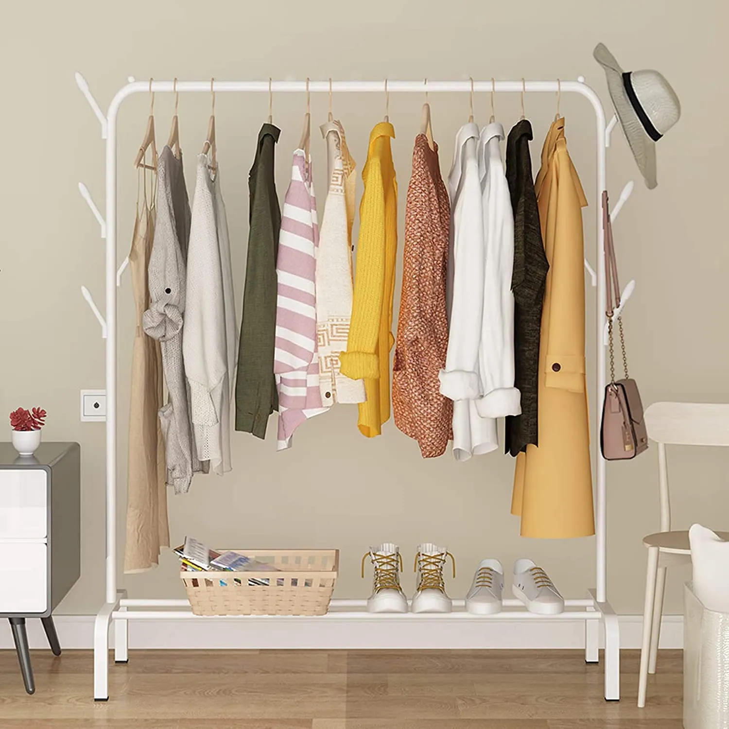 KriShyam® Freestanding Hanging Metal Clothes Rack with Storage Shelf and Side Hooks White