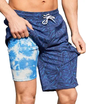 Mens Swim Trunks with Compression Liner 9 Inch Swim Shorts Bathing Suits Quick Dry Hiking Cargo Shorts with Zipper Pocket