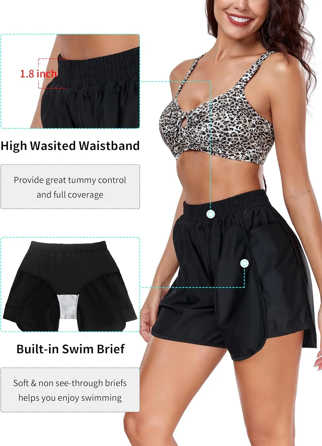 Ocean Blues Womens High Waisted Board Shorts UPF 50  Swim Shorts Quick Dry Trunks with Liner