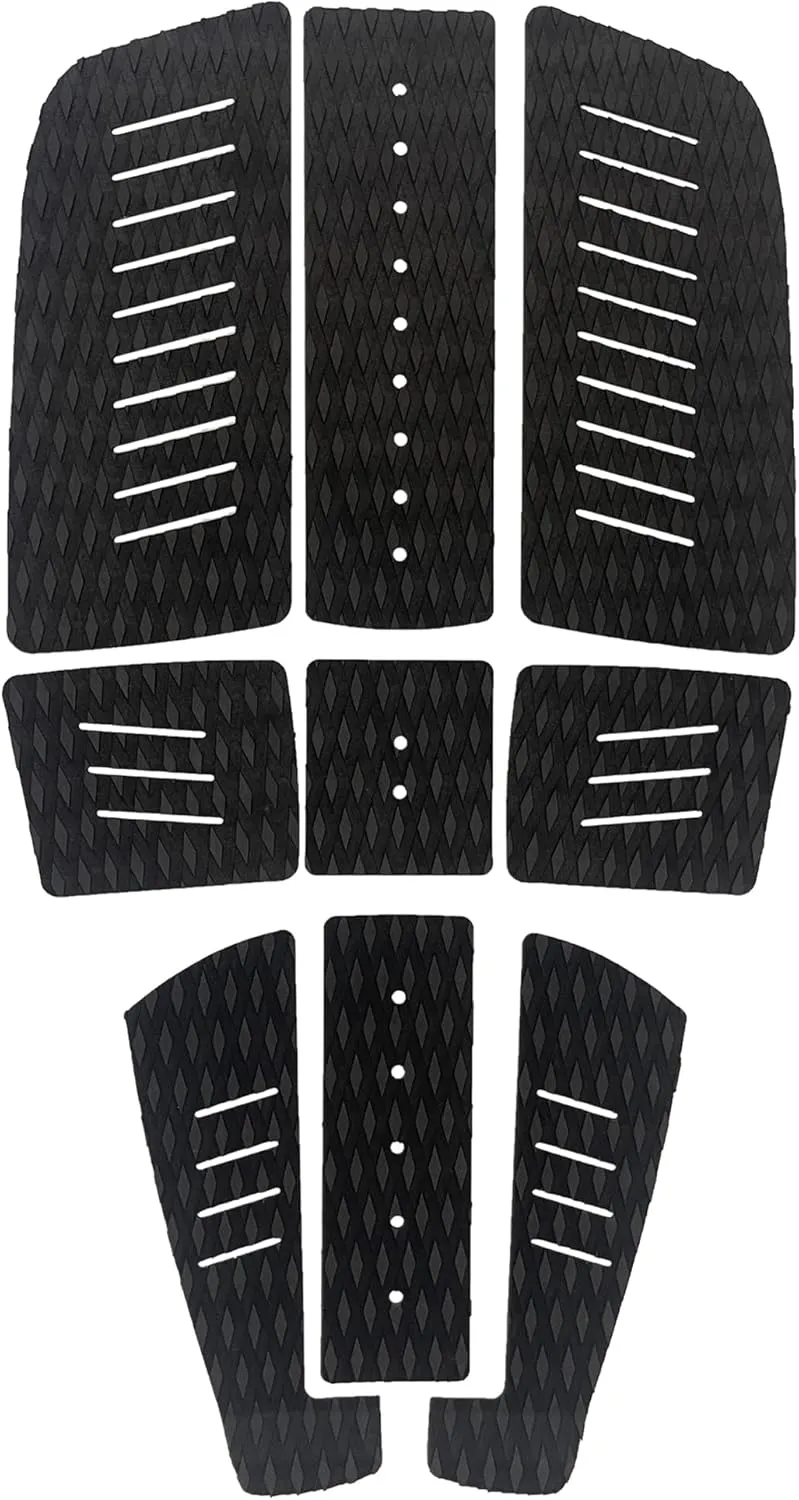 Surfboard Traction Pads Set, 9 Pieces EVA Pads for Front and Back, Adjustable with 3 Adhesive, Fits All Board Sizes (black-A)