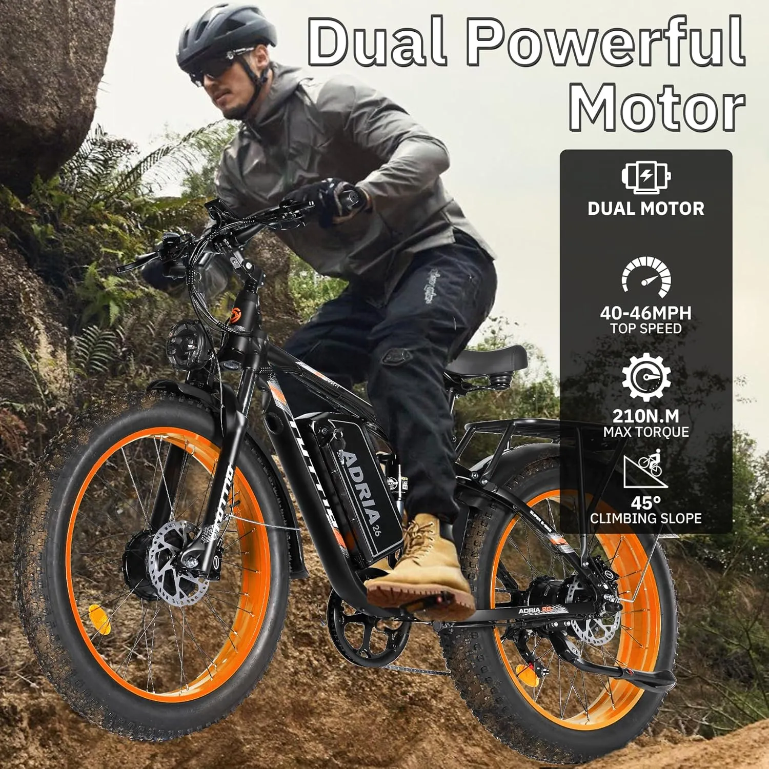 TUTTIO Electric-Bike for Adults-Men, Dual-Motor-Ebike 40-46MPH-Hunting-Ebike, 52V 30AH Long Range Dirtbike, 26" Fat-Tire-Electric-Bicycle, Full Suspension Mountain Bike for Off-Road Snow Sand