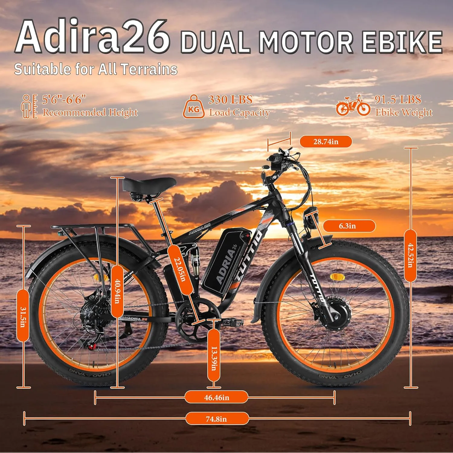 TUTTIO Electric-Bike for Adults-Men, Dual-Motor-Ebike 40-46MPH-Hunting-Ebike, 52V 30AH Long Range Dirtbike, 26" Fat-Tire-Electric-Bicycle, Full Suspension Mountain Bike for Off-Road Snow Sand