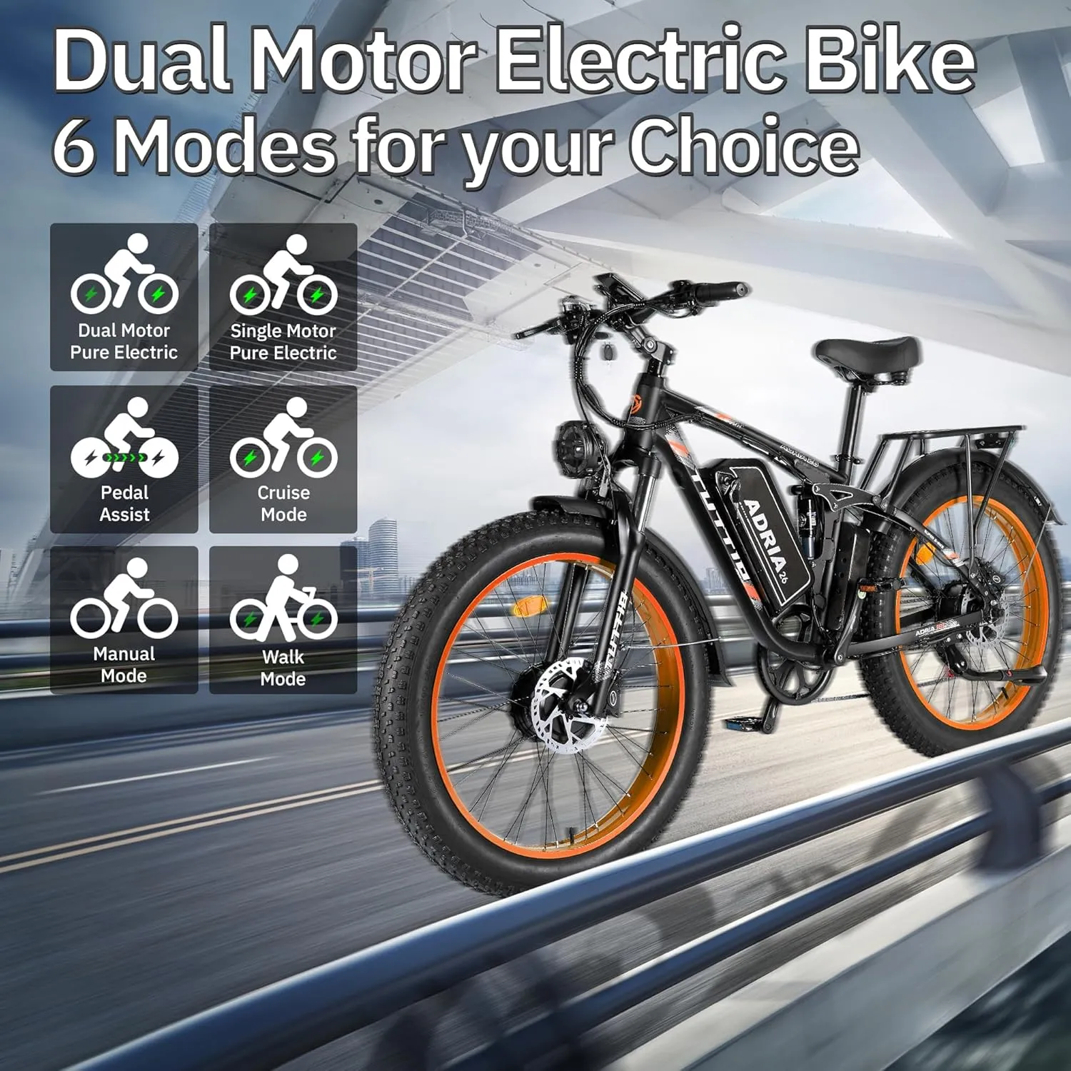 TUTTIO Electric-Bike for Adults-Men, Dual-Motor-Ebike 40-46MPH-Hunting-Ebike, 52V 30AH Long Range Dirtbike, 26" Fat-Tire-Electric-Bicycle, Full Suspension Mountain Bike for Off-Road Snow Sand