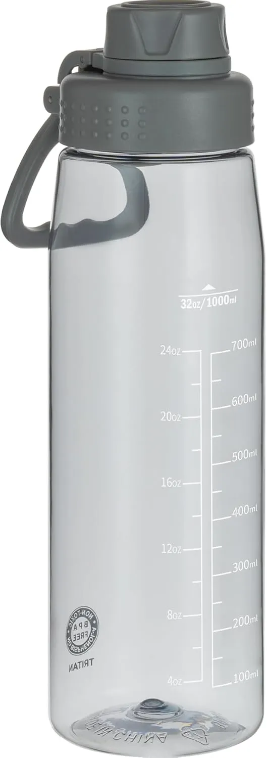 Water Bottle 32oz, clear water bottle with Chug Lid and Carry Handle, Reusable, Tritan, BPA Free, Hiking Water Bottle Suitable for Travel, Outdoors, Gym, Travel, Home, School (Gray)